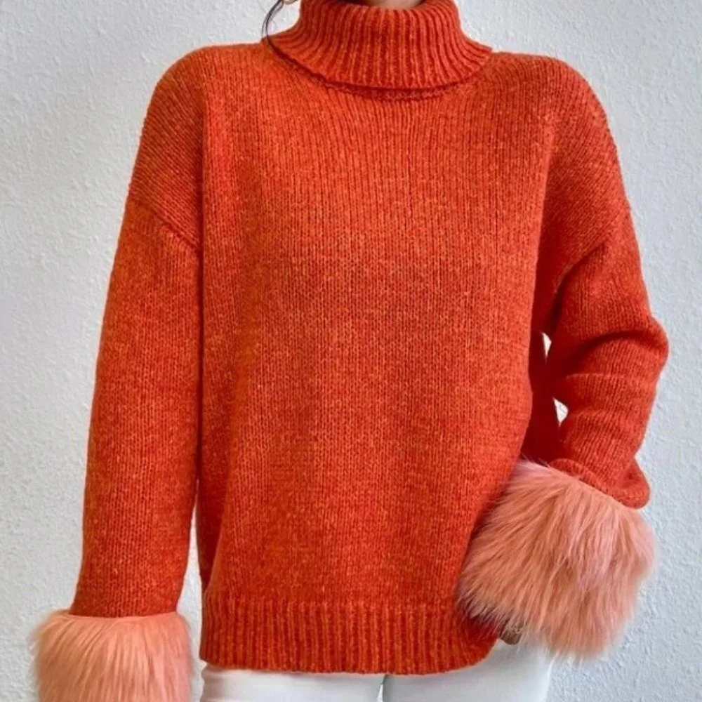 orange faux fur Cuff TurtleNeck Knit Sweater Top - Picture 4 of 6